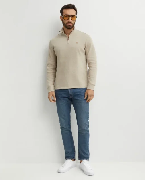 Beżowy sweter z suwakiem i logo