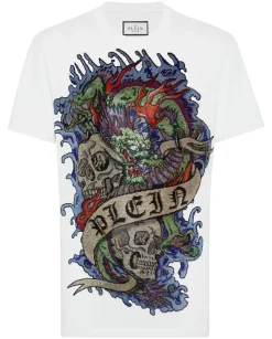 Biały t-shirt z ozdobną aplikacją