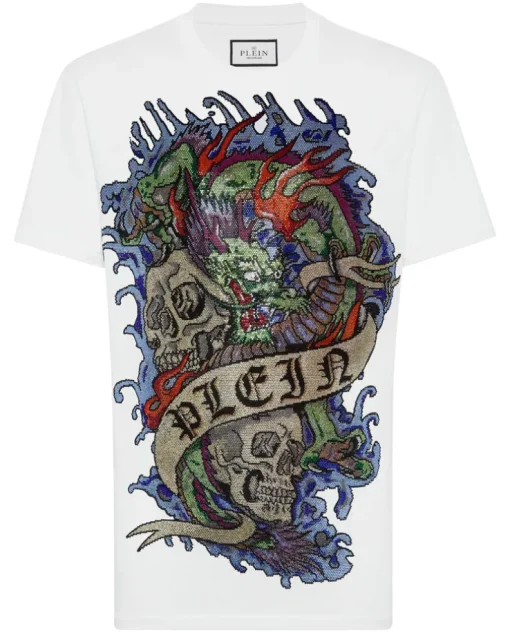 Biały t-shirt z ozdobną aplikacją