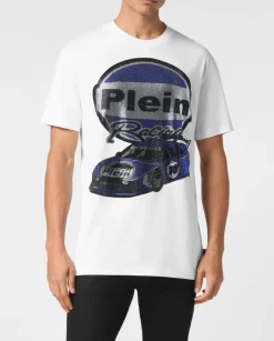 Biały t-shirt z ozdobnym nadrukiem samochodu