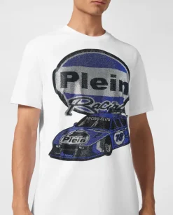 Biały t-shirt z ozdobnym nadrukiem samochodu