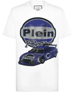 Biały t-shirt z ozdobnym nadrukiem samochodu