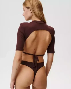 Brązowe body Watch Your Back ze stringami