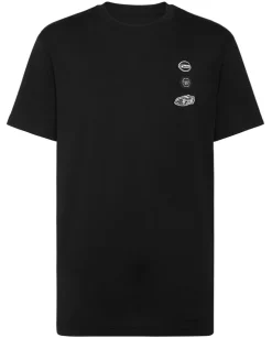 Czarny bawełniany t-shirt z naszywkami
