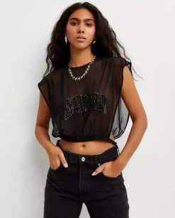Czarny tiulowy top z logo