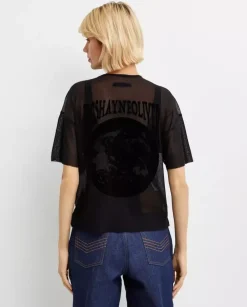 Czarny tiulowy t-shirt z nadrukiem Black Earth