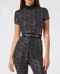 Czarny top z kryształowym monogramem