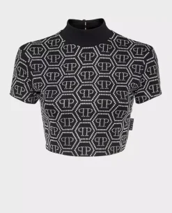 Czarny top z kryształowym monogramem