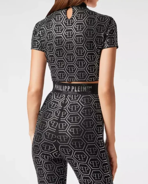 Czarny top z kryształowym monogramem