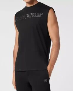 Czarny t-shirt bez rękawów z logo