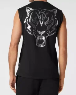 Czarny t-shirt bez rękawów z logo