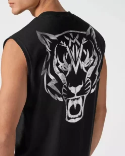 Czarny t-shirt bez rękawów z logo