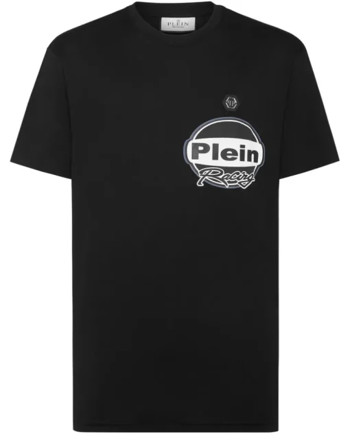 Czarny t-shirt z okrągłym nadrukiem na piersi