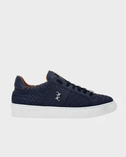 Granatowe skórzane sneakersy z plecionką