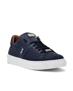 Granatowe skórzane sneakersy z plecionką