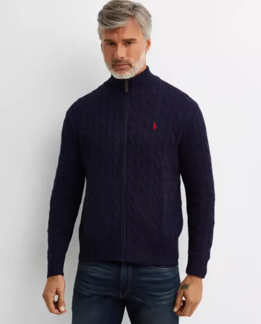 Granatowy rozpinany sweter z logo