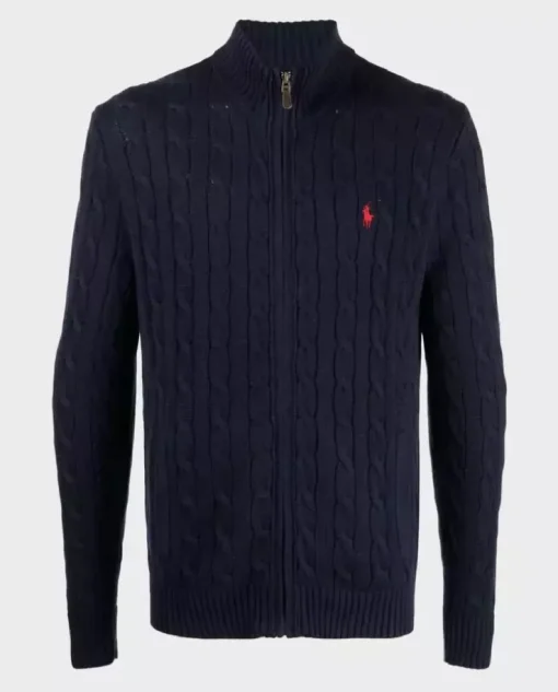 Granatowy rozpinany sweter z logo