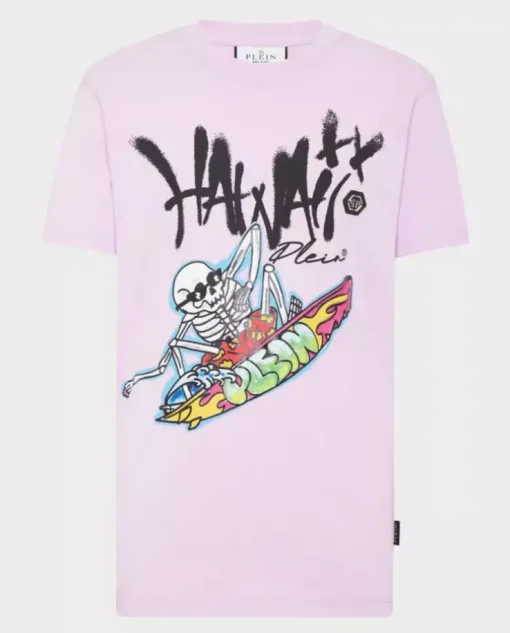 Liliowy t-shirt z kolorową grafiką Hawaii
