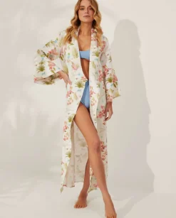 Lniane kimono w kwiaty Nuphar Mykonos
