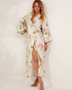 Lniane kimono w kwiaty Nuphar Mykonos