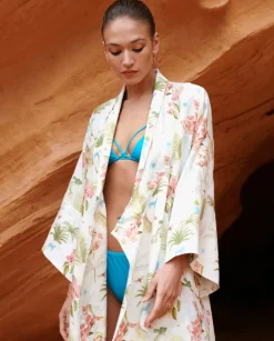 Lniane kimono w kwiaty Nuphar Mykonos