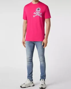 Neonowy różowy t-shirt z grafiką Skull&Bones