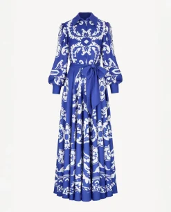 Niebieska maxi sukienka z printem Santorini