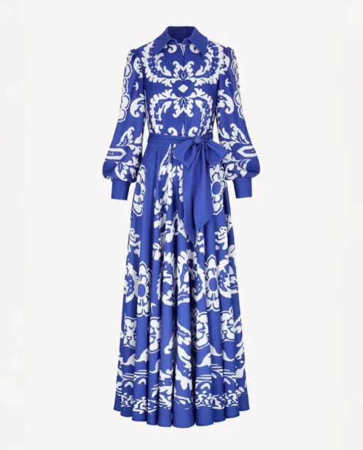 Niebieska maxi sukienka z printem Santorini