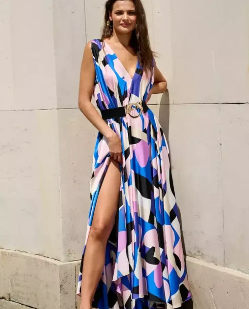 Niebieska maxi sukienka z paskiem Nina