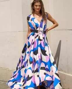 Niebieska maxi sukienka z paskiem Nina