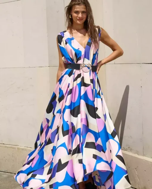 Niebieska maxi sukienka z paskiem Nina