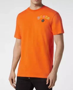 Pomarańczowy t-shirt z kryształowym logo Gothic