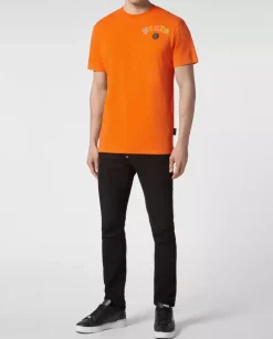 Pomarańczowy t-shirt z kryształowym logo Gothic