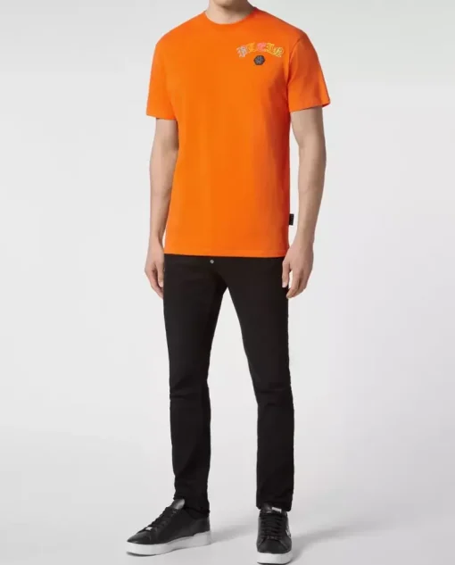 Pomarańczowy t-shirt z kryształowym logo Gothic