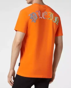 Pomarańczowy t-shirt z kryształowym logo Gothic