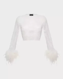 Połyskujący crop top z piórami