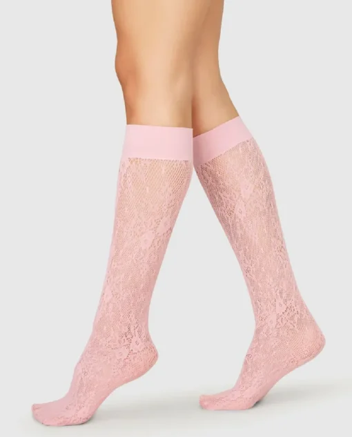 Różowe koronkowe podkolanówki Rosa
