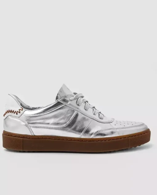 Srebrne sneakersy ze skóry