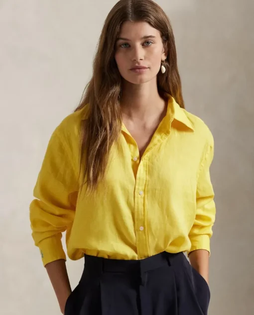 Żółta lniana koszula Classic Fit
