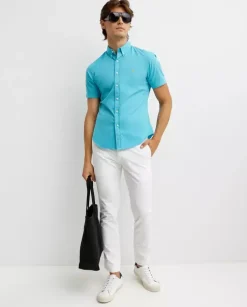 Turkusowa koszula z krótkim rękawem Slim Fit