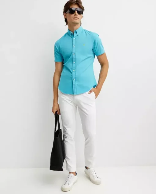 Turkusowa koszula z krótkim rękawem Slim Fit