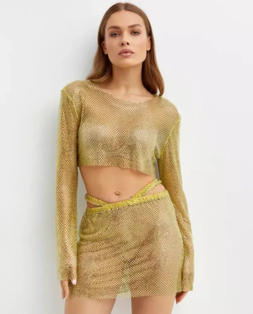 Żółty crop top z siateczki z rozszerzanymi rękawami