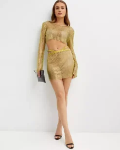 Żółty crop top z siateczki z rozszerzanymi rękawami
