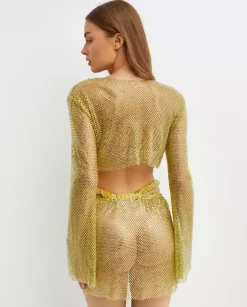 Żółty crop top z siateczki z rozszerzanymi rękawami